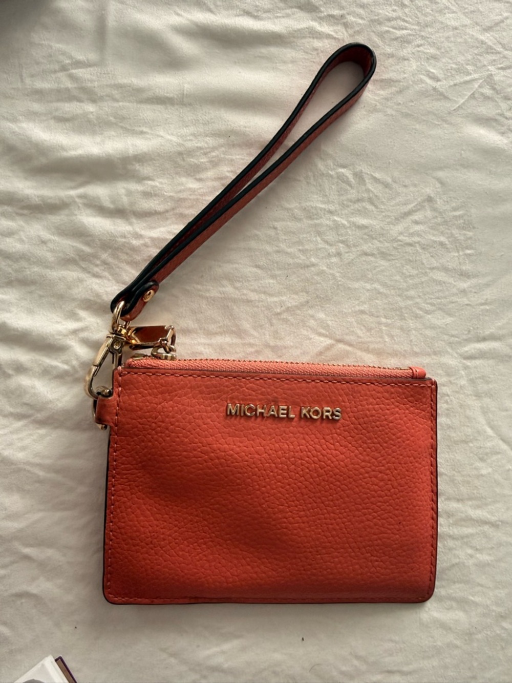 Michael Kors Coral Orange Pebble Leather Wristlet with Gold Hardware